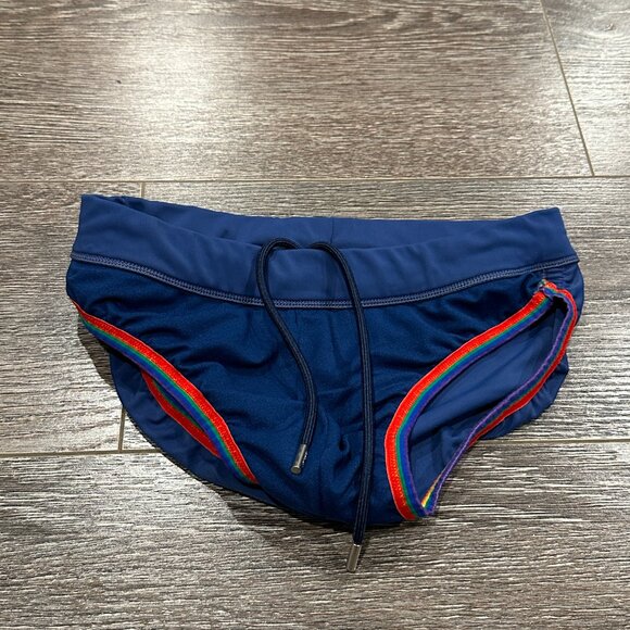 2(X)IST Men’s Swim Brief – Size Small – Navy with Rainbow Trim - Picture 8 of 8